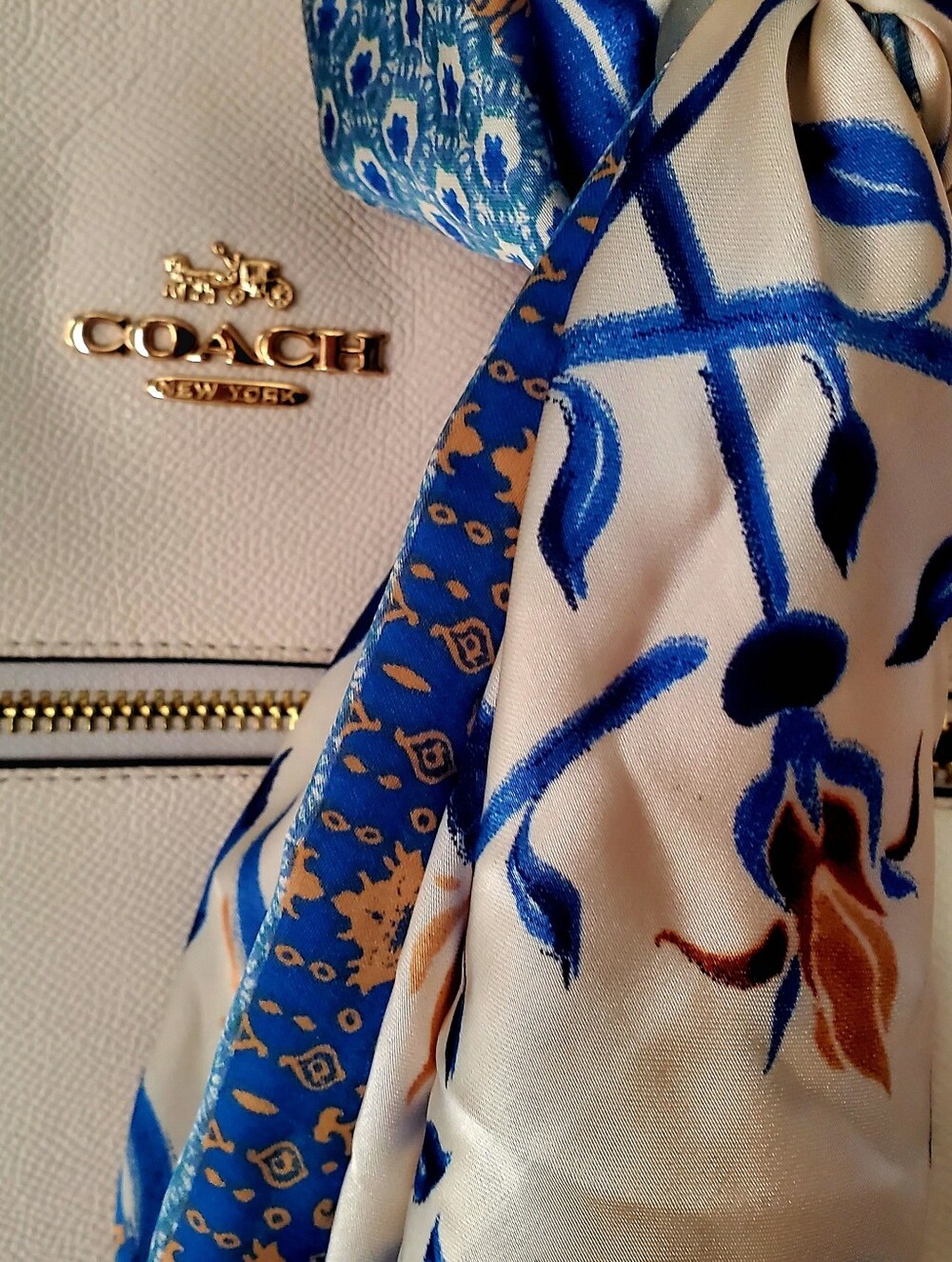 COACH Women's Cream Leather Tote with Blue Floral Scarf Accent